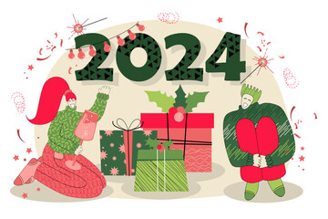 vector illustration on the theme of Christmas and New Year in flat style. Vector illustration with people celebrating New Year in flat style. Christmas 2024