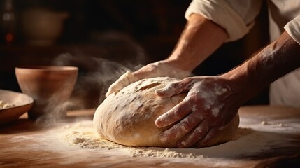 A person kneading dough on a wooden table