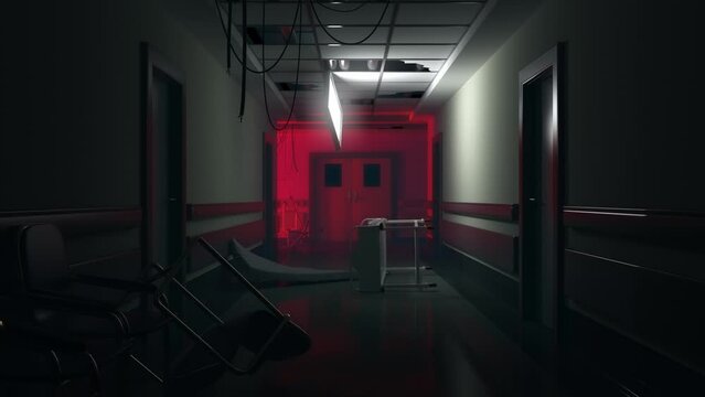 Abandoned psychiatric ward, menacing atmosphere, Halloween horror with lurking shadows.