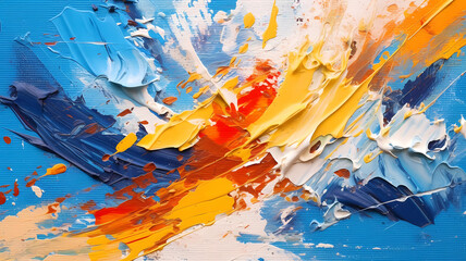 A painting of a colorful abstract painting with blue orange, and yellow colors on its surface