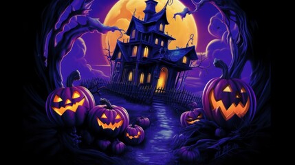 A spooky Halloween scene with pumpkins and a haunted house