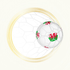 Football emblem with football ball with flag of Wales in net, scoring goal for Wales.