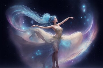 An ethereal muse dances amidst the stars; her movements evoke a spectrum of emotions. A celestial ballet of boundless creativity