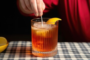hand placing a striped straw in a glass of arnold palmer