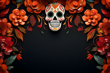 Day of the dead ornamental frame with Sugar skull and flowers 3D template design on black background - obrazy, fototapety, plakaty