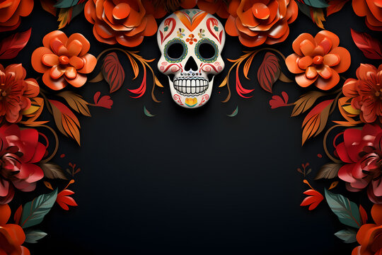 Day of the dead ornamental frame with Sugar skull and flowers 3D template design on black background