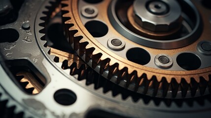Two gears on a mechanical machine in close-up view - obrazy, fototapety, plakaty