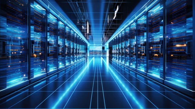 Data center with multiple rows of fully operational server racks room, AI generative