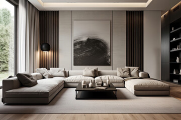 Interior of modern living room with brown walls, wooden floor, comfortable beige sofas and coffee tables