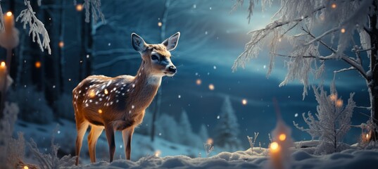 Festive snowy scene featuring snow-covered hills, a mountainous village, deer, woodland, pine trees, and reindeer. Seasonal natural backdrop with fox, elevations, and dwellings.