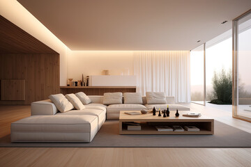 Interior of modern living room with wooden walls, wooden floor, comfortable white sofa and coffee table