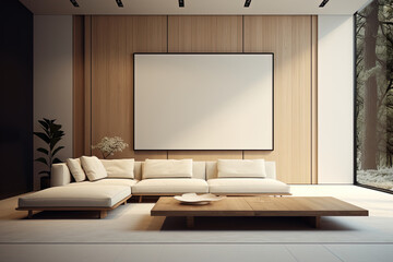 Interior of modern living room with wooden walls, tiled floor, white sofa standing near coffee table and vertical mock up poster