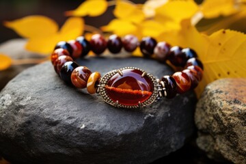 Fototapeta premium beaded bracelet on a pebble stone with autumn leaves around