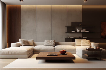 Interior of modern living room with brown walls, wooden floor, comfortable white sofas and coffee table