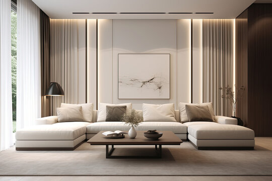 Interior of modern living room with white sofa and wooden floor