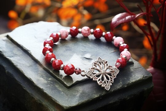 beaded bracelet with charm on a stone wall