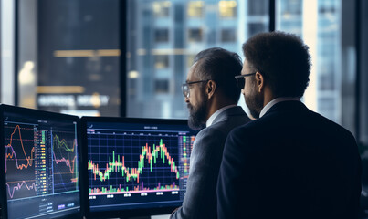 Two stock market traders in suits analyzing technical charts on screens - obrazy, fototapety, plakaty