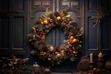 Fototapeta na wymiar seasonal wreath with pinecones on a door