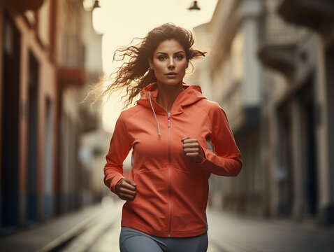 A beautiful young woman in sportswear jogging on the street