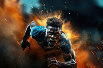 Serious muscular young man athlete running with graphic trail