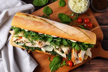 top view of a baguette sandwich with turkey and spinach