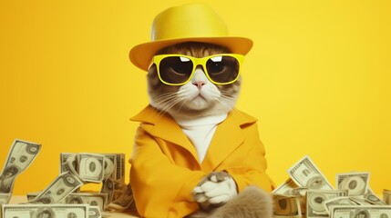 A cat wearing a yellow hat and sunglasses - obrazy, fototapety, plakaty