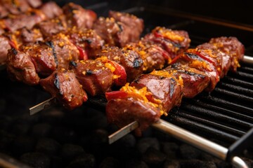 close-up of marinated meat skewers cooking on a portable grill