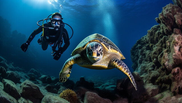 Underwater photo of scuba diver and sea turtle