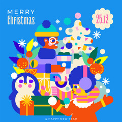 Christmas illustration with joyful girl and boy, cute penguin, beautifully wrapped presents, tangerines and shiny Christmas tree. Perfect for creating a festive mood!