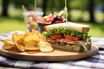 sandwich served with chips on a picnic table