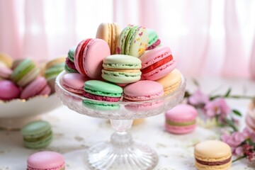 festive macarons in winter colors displayed in a glass cake dome