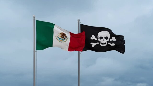 Mexico flag and Jolly Roger or pirate flag waving together on cloudy sky, endless seamless loop