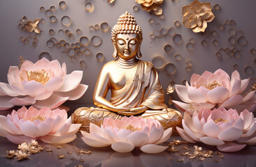 abstract glowing golden buddha and flowers 3d art