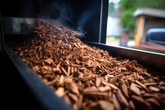 close up picture of smoking wood chips in bbq smoker