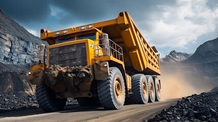 Rock transportation by dump trucks. Large quarry yellow truck. Transport industry. Mining truck is driving along a mountain road. - obrazy, fototapety, plakaty