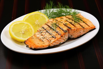 grilled salmon fillet with dill and lemon on a plate