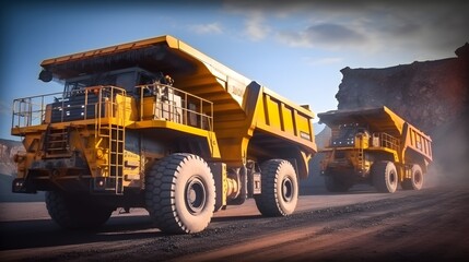 Spot color trucks, two large yellow truck used in a modern coal mine in Queensland, Australia. Trucks transport coal from open cast mine. Fossil fuel industry, Environmental challenge.