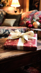 Naklejka na ściany i meble Christmas gift box near cosy fireplace in the English country cottage, winter holidays, boxing day celebration and holiday shopping