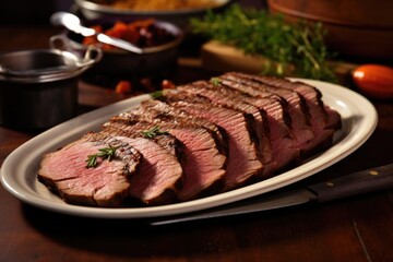 tender beef brisket slices presented on a ceramic dish