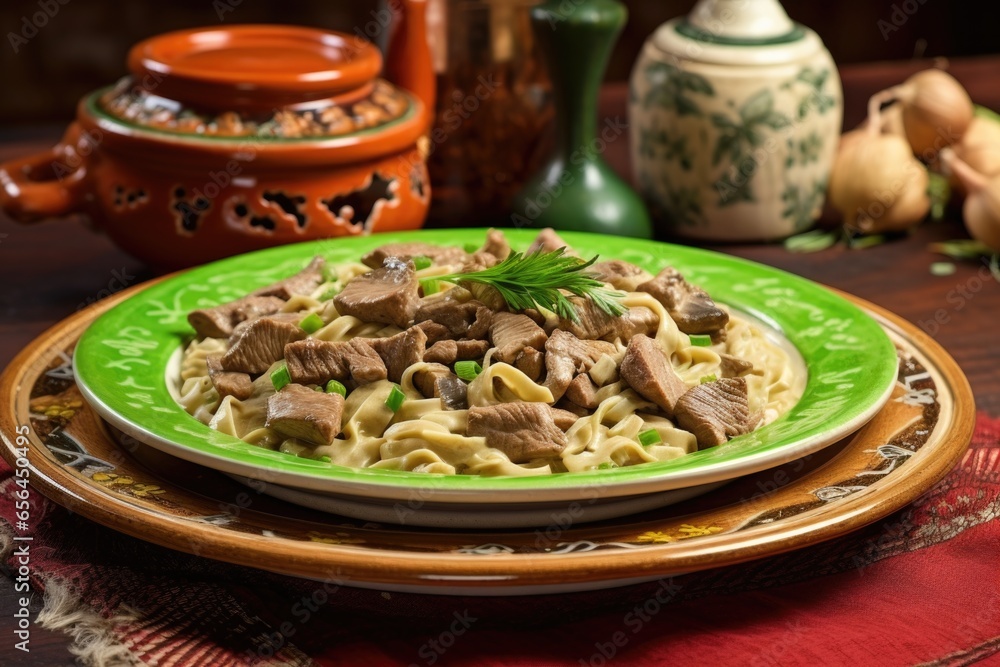 Sticker beef stroganoff served on a green ceramic plate