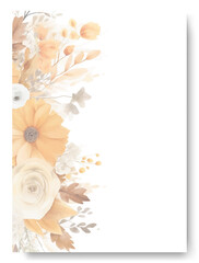 Elegant watercolor arrange white rose and orange begonia floral background border and wreath card design. Vintage wedding card invitation theme.