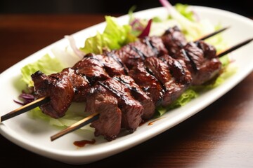 a trio of beef skewers on a bed of mixed lettuce