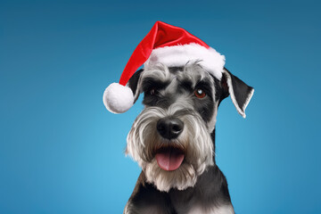 Schnauzer dog wearing Santa Claus hat in front of a blue gradient background. Celebrating Christmas concept. Greeting card for Christmas