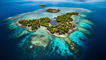 Stunning aerial view photo of a small island surrounded by coral in the Pacific Ocean - obrazy, fototapety, plakaty