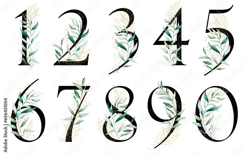 Wall mural black numbers with green a watercolor leaves, isolated wedding illustration, alphabet element