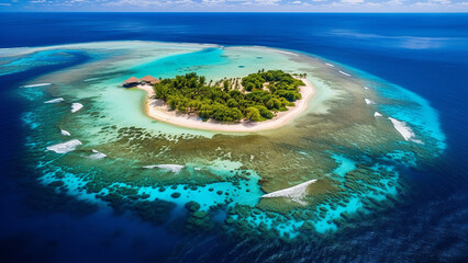 Stunning aerial view photo of a small island surrounded by coral in the Pacific Ocean