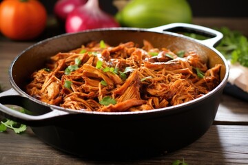 freshly cooked bourbon bbq pulled chicken in saucepan