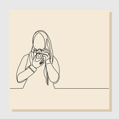 Continuous single line sketch hand drawn drawing of professional woman photographer take picture use camera. One line art concept of photography. Vector illustration