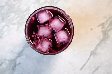 overhead shot of a blackcurrant soda can on a marble countertop