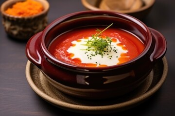 red soup served in a ceramic bowl with dollop of cream